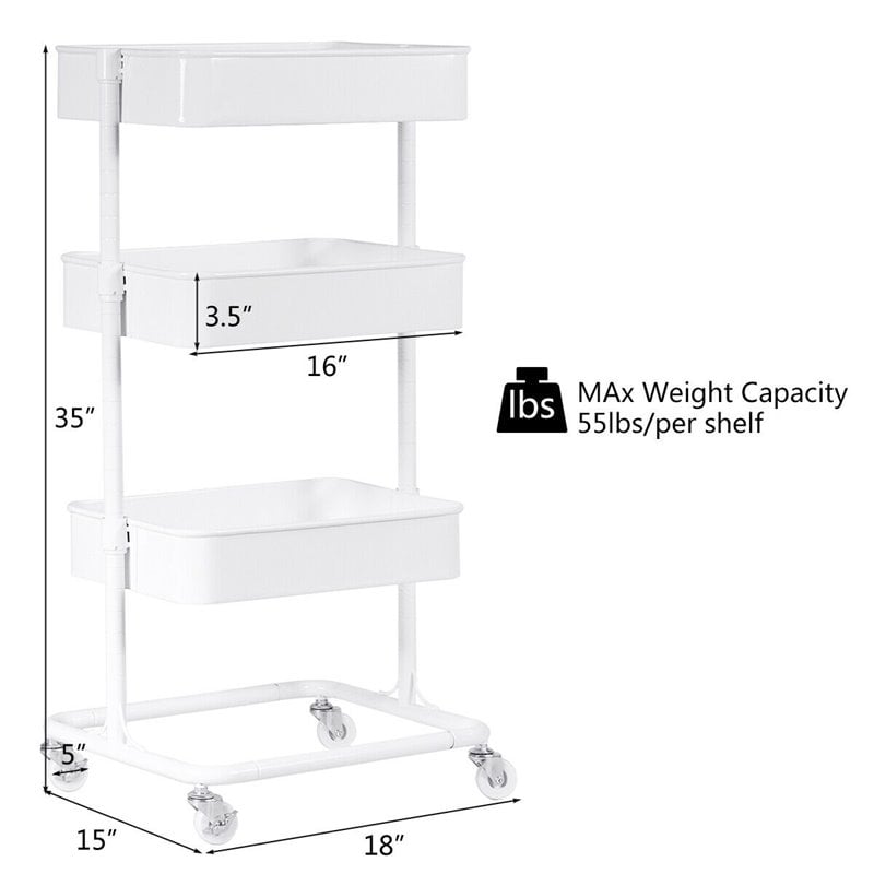 Costway 3-tier Iron Rolling Storage Cart with Adjustable Shelves in White