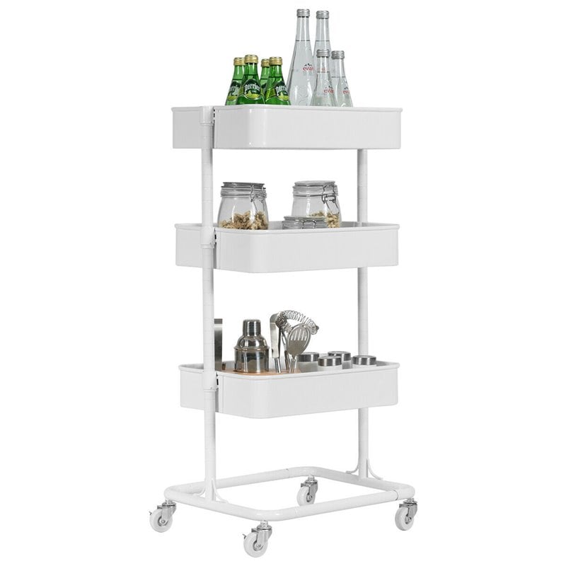 Costway 3-tier Iron Rolling Storage Cart with Adjustable Shelves in White