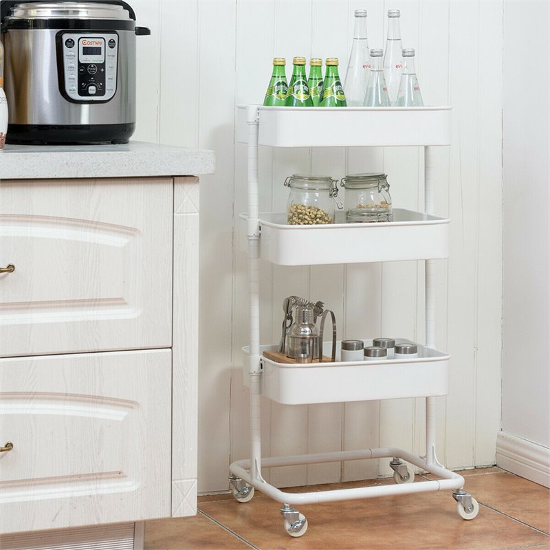 Costway 3-tier Iron Rolling Storage Cart with Adjustable Shelves in White