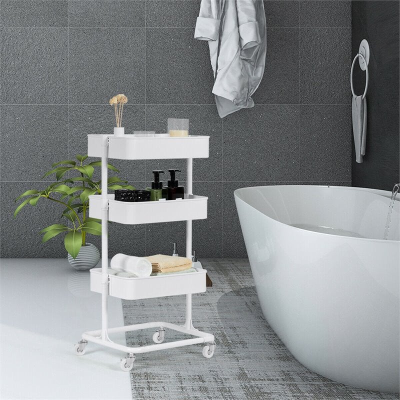 Costway 3-tier Iron Rolling Storage Cart with Adjustable Shelves in White