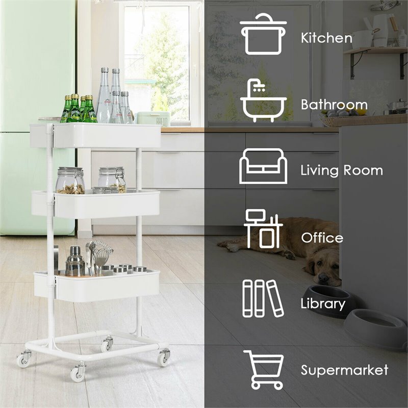 Costway 3-tier Iron Rolling Storage Cart with Adjustable Shelves in White