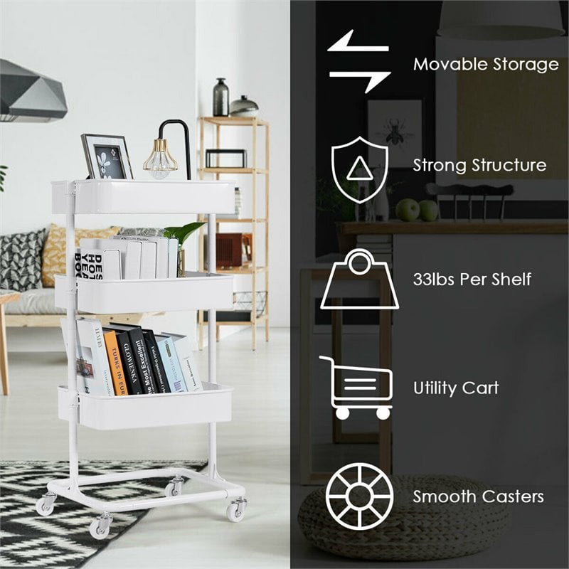 Costway 3-tier Iron Rolling Storage Cart with Adjustable Shelves in White