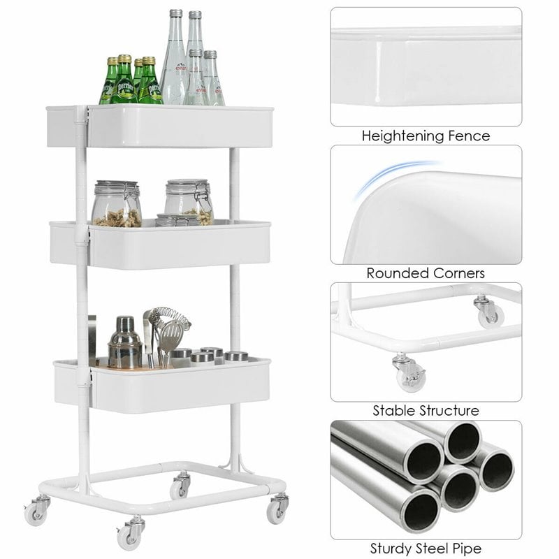 Costway 3-tier Iron Rolling Storage Cart with Adjustable Shelves in White