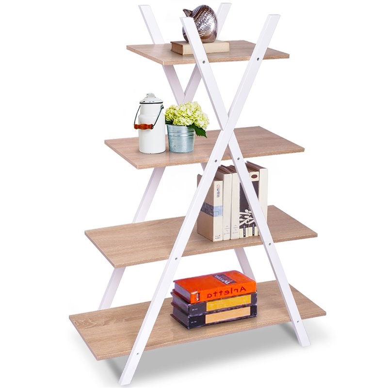 Costway 4-tier Contemporary MDF X-Shape Shelf Bookcase in Natural