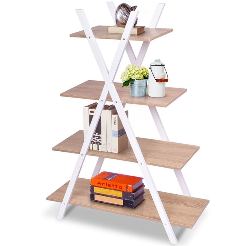 Costway 4-tier Contemporary MDF X-Shape Shelf Bookcase in Natural