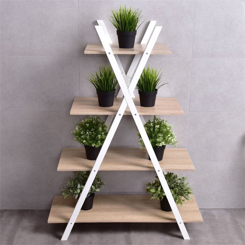 Costway 4-tier Contemporary MDF X-Shape Shelf Bookcase in Natural
