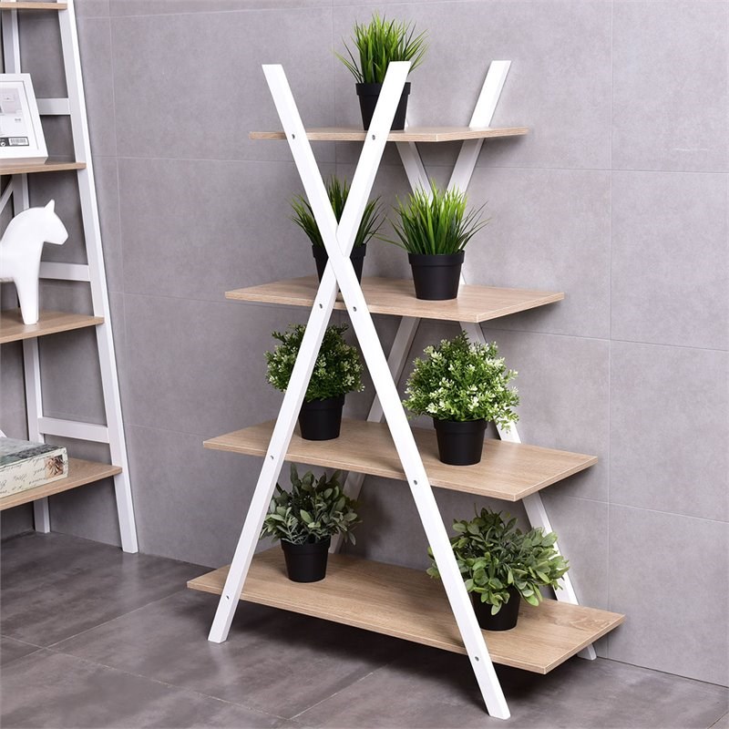 Costway 4-tier Contemporary MDF X-Shape Shelf Bookcase in Natural