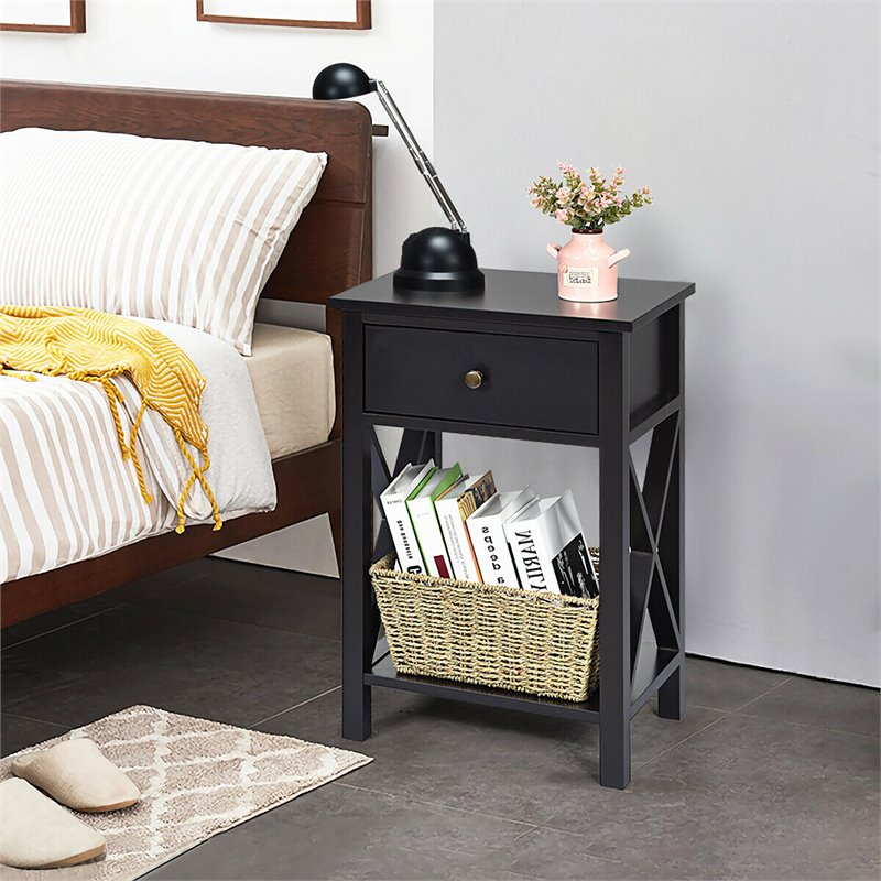 Costway Contemporary MDF Nightstand with Drawer and Shelf in Brown