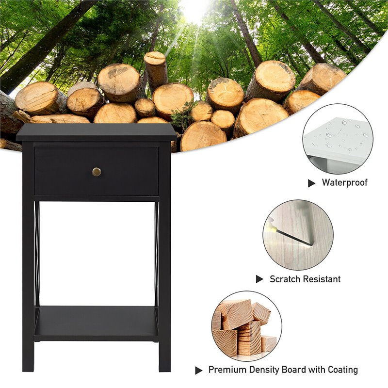 Costway Contemporary MDF Nightstand with Drawer and Shelf in Brown