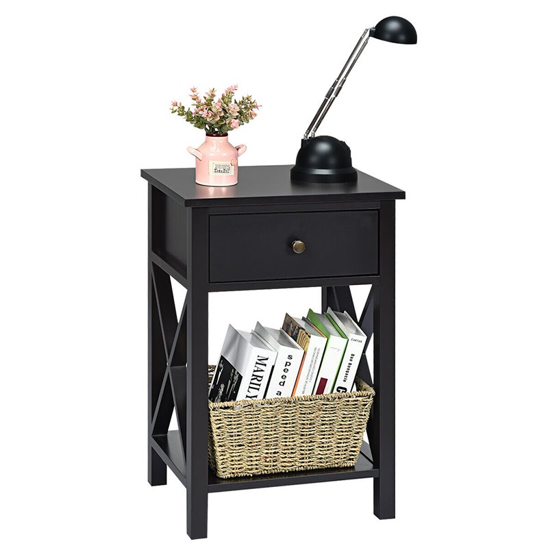 Costway Contemporary MDF Nightstand with Drawer and Shelf in Brown