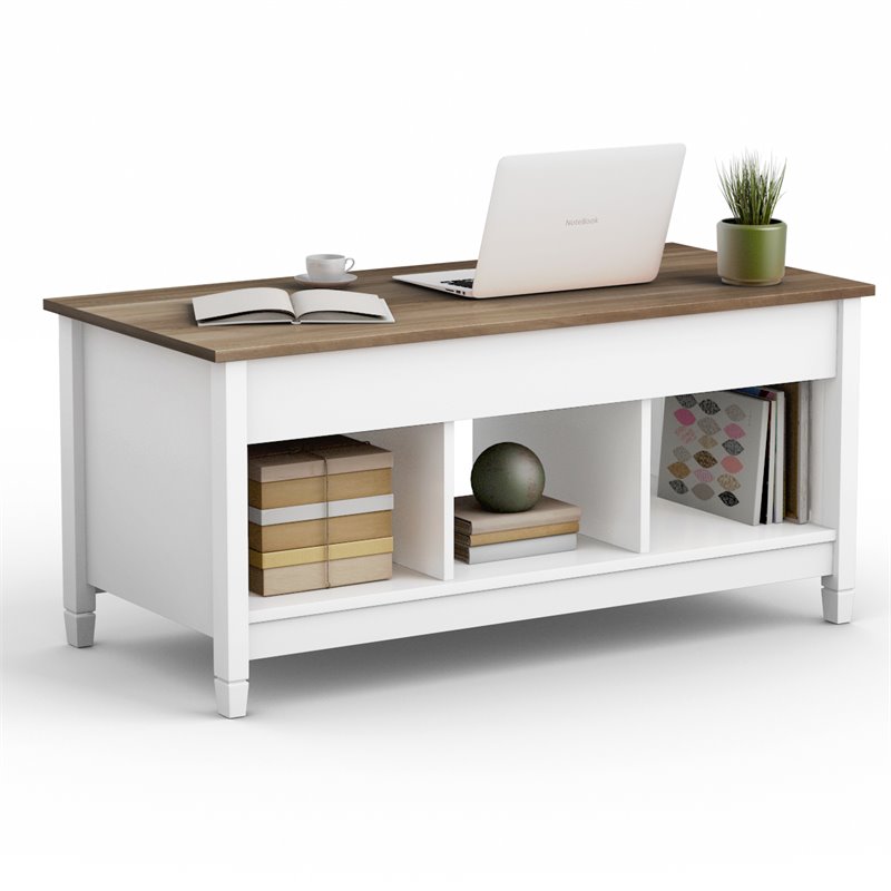 Costway Solid Wood Lift Top Coffee Table with Storage Shelves in White