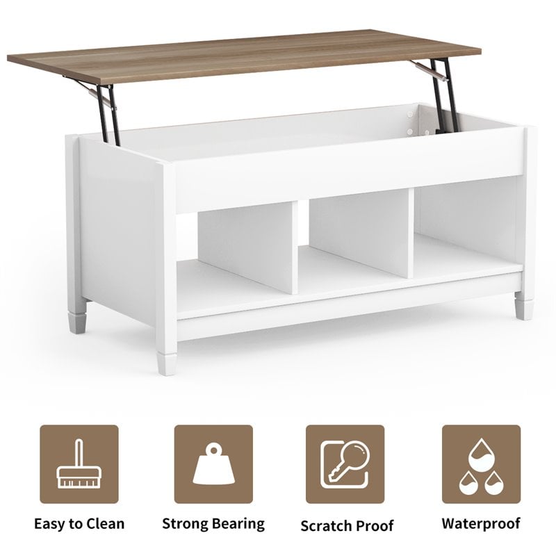 Costway Solid Wood Lift Top Coffee Table with Storage Shelves in White