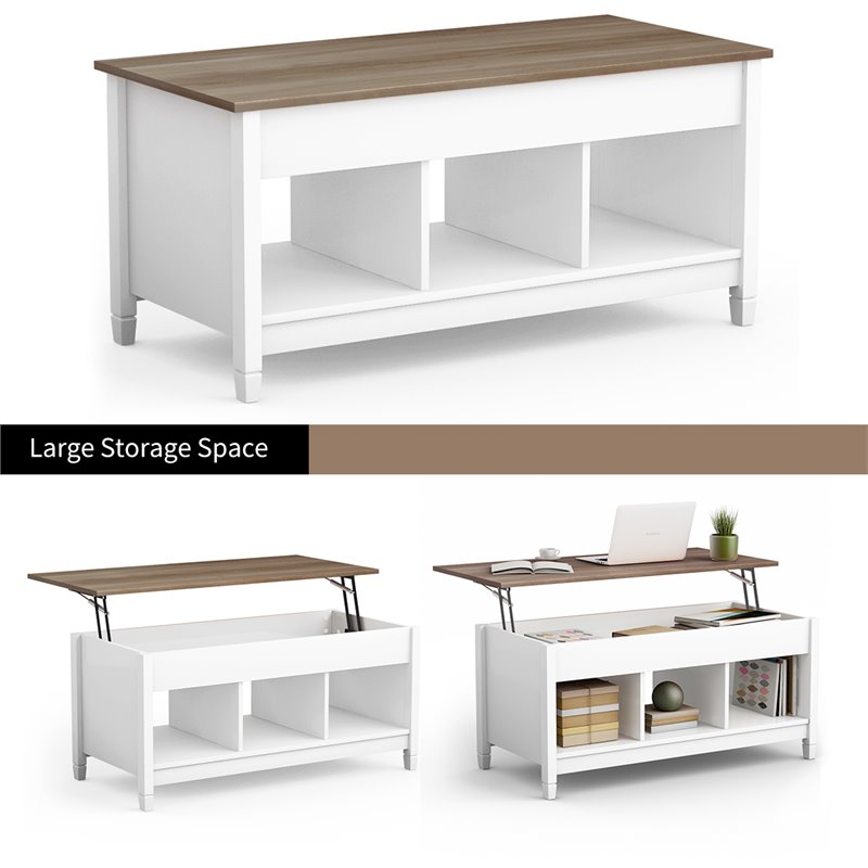 Costway Solid Wood Lift Top Coffee Table with Storage Shelves in White