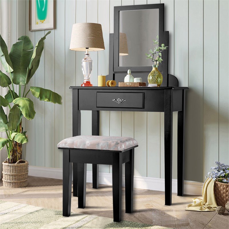 Costway Square Contemporary Wood and MDF Makeup Desk Vanity Set in Black
