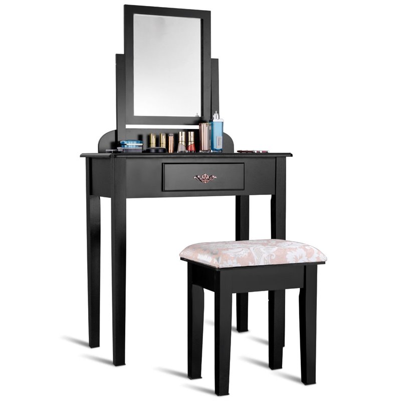 Costway Square Contemporary Wood and MDF Makeup Desk Vanity Set in Black