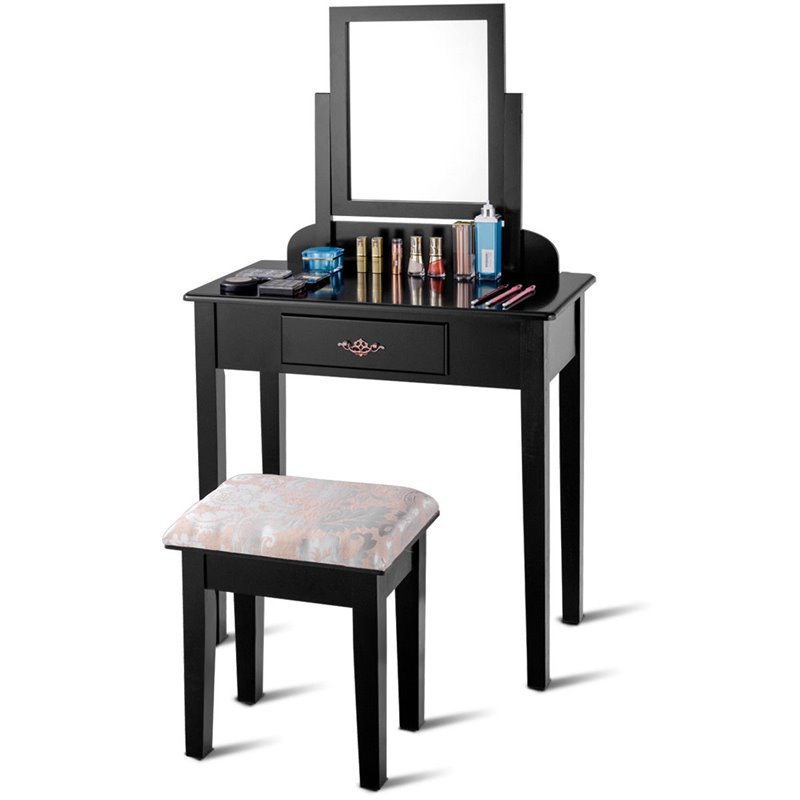 Costway Square Contemporary Wood and MDF Makeup Desk Vanity Set in Black