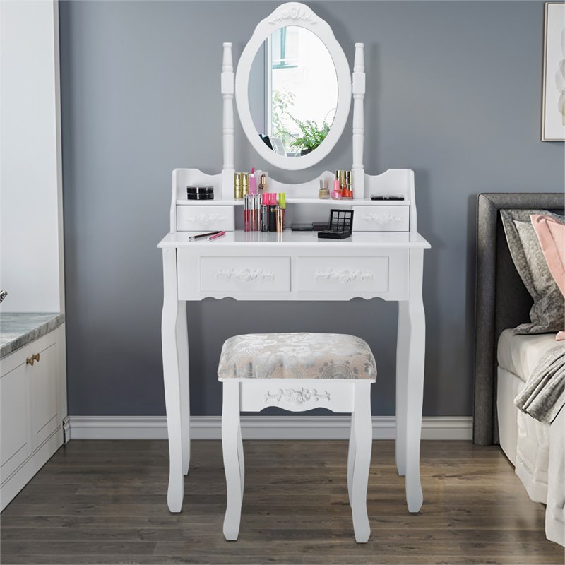 Costway Contemporary Paulownia Wood Makeup Desk Vanity Set in White