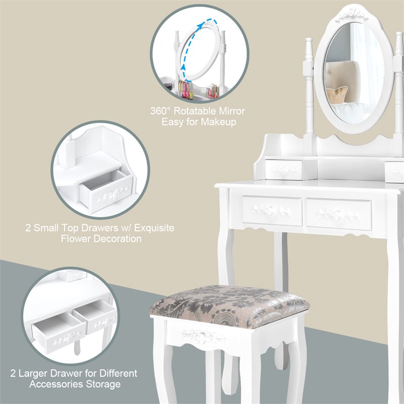Costway Contemporary Paulownia Wood Makeup Desk Vanity Set in White