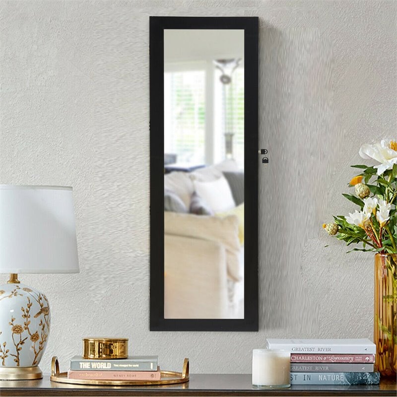 Costway MDF Board Wall/Door Mounted LED Lights Mirrored Jewelry Cabinet in Black