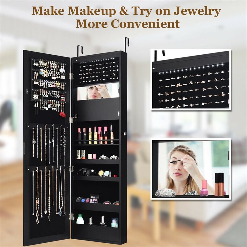 Costway MDF Board Wall/Door Mounted LED Lights Mirrored Jewelry Cabinet in Black