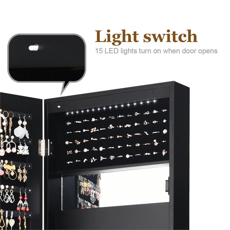 Costway MDF Board Wall/Door Mounted LED Lights Mirrored Jewelry Cabinet in Black