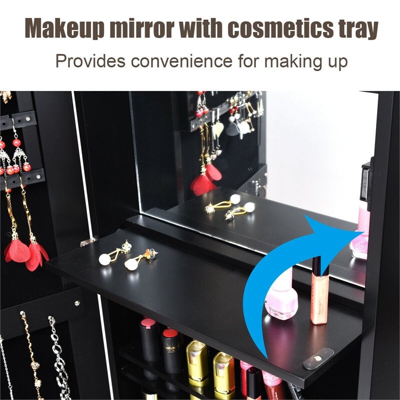 Costway MDF Board Wall/Door Mounted LED Lights Mirrored Jewelry Cabinet in Black