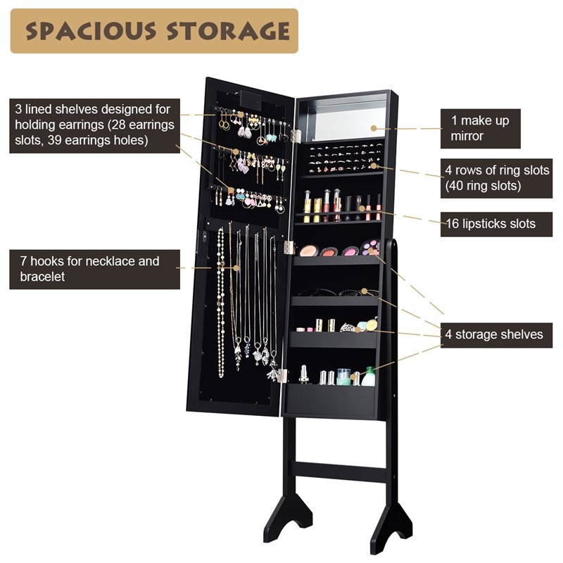 Costway MDF Board Mirrored Jewelry Cabinet with 18 LED Lights in Black