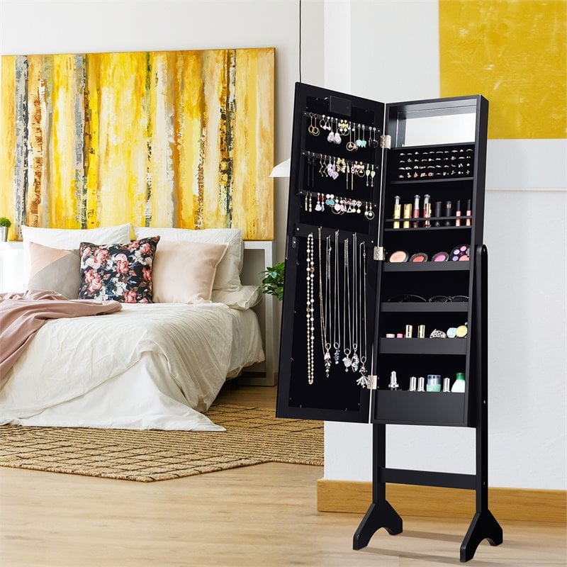 Costway MDF Board Mirrored Jewelry Cabinet with 18 LED Lights in Black Finish