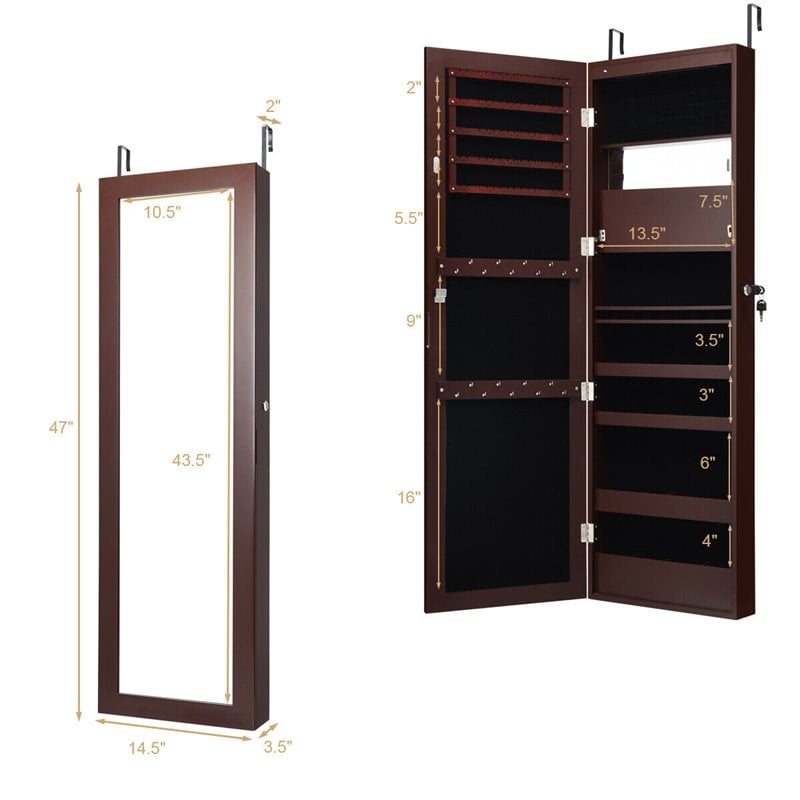 Costway MDF Board Wall Door Mounted LED Lights Mirrored Jewelry Cabinet in Brown