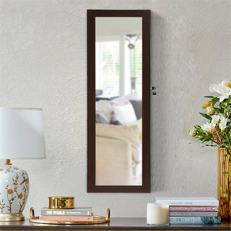Costway MDF Board Wall Door Mounted LED Lights Mirrored Jewelry Cabinet in Brown