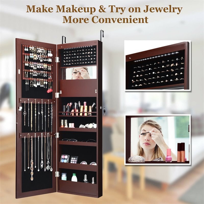 Costway MDF Board Wall Door Mounted LED Lights Mirrored Jewelry Cabinet in Brown