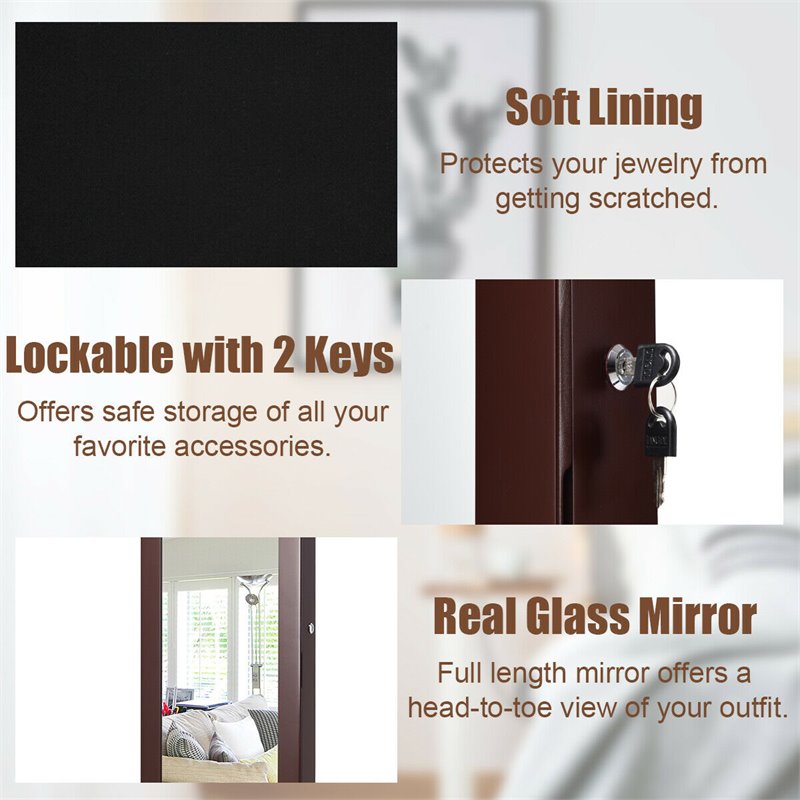Costway MDF Board Wall Door Mounted LED Lights Mirrored Jewelry Cabinet in Brown