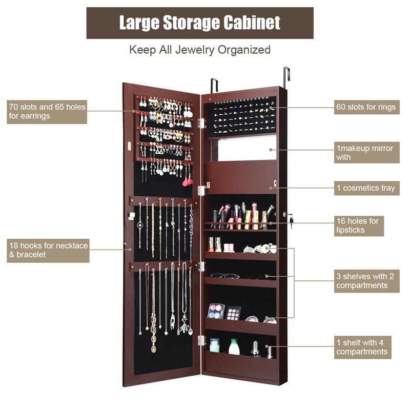 Costway MDF Board Wall Door Mounted LED Lights Mirrored Jewelry Cabinet in Brown