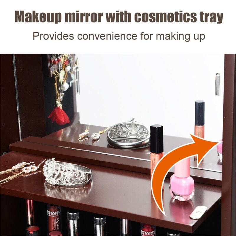 Costway MDF Board Wall Door Mounted LED Lights Mirrored Jewelry Cabinet in Brown