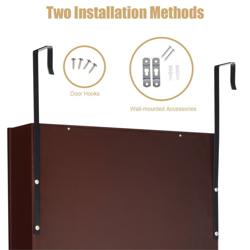 Costway MDF Board Wall Door Mounted LED Lights Mirrored Jewelry Cabinet in Brown