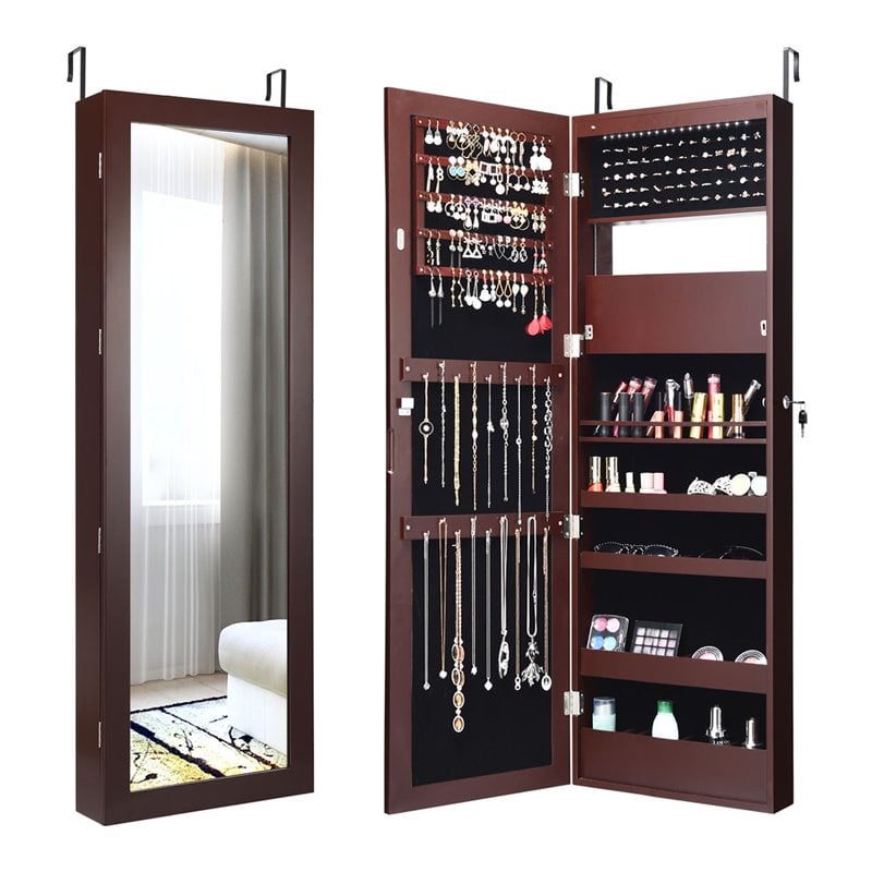 Costway MDF Board Wall Door Mounted LED Lights Mirrored Jewelry Cabinet in Brown
