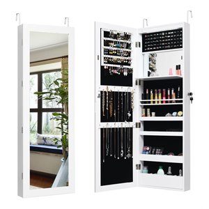 costway mdf board wall door mounted led lights mirrored jewelry cabinet in white