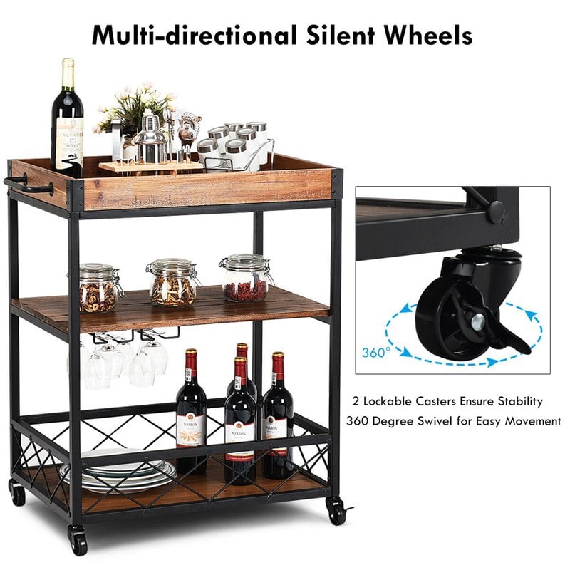 Costway 3-tier Iron and Nylon Rolling Kitchen Trolley Island Cart in Black