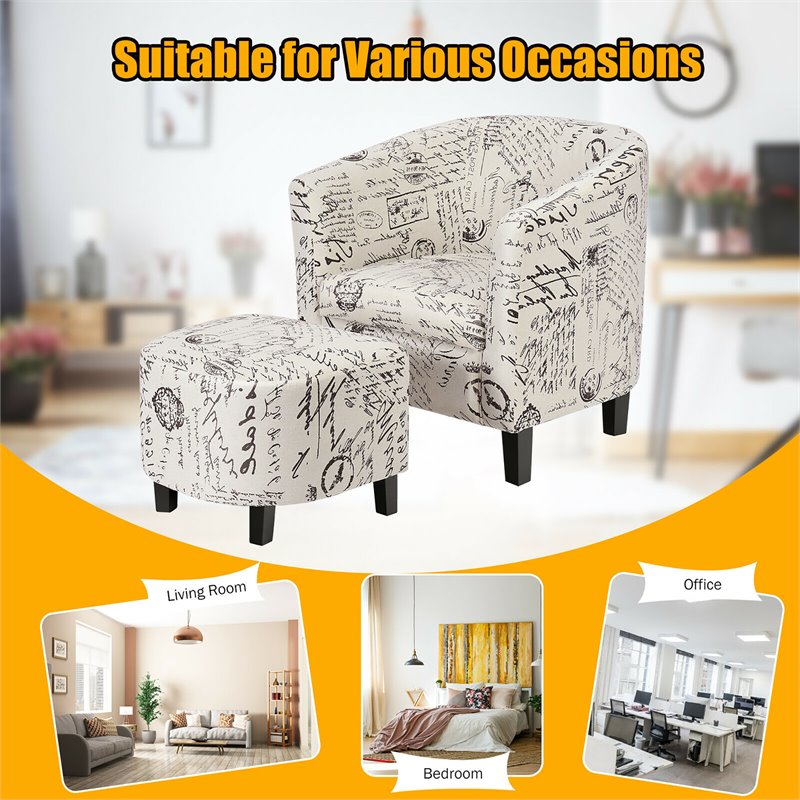 Costway Contemporary Birch Wood & Cotton Accent Chair with Ottoman in Beige