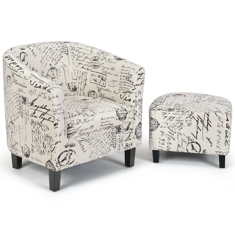 Costway Contemporary Birch Wood & Cotton Accent Chair with Ottoman in Beige