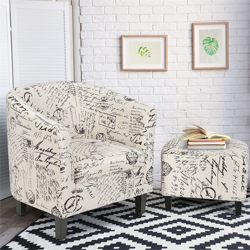 Costway Contemporary Birch Wood & Cotton Accent Chair with Ottoman in Beige