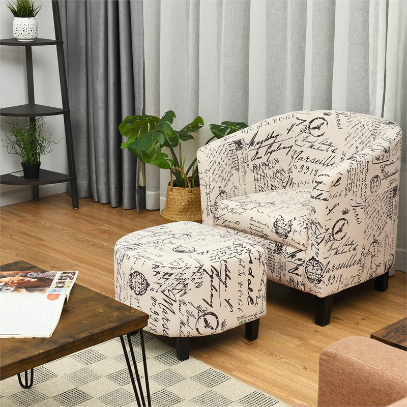 Costway Contemporary Birch Wood & Cotton Accent Chair with Ottoman in Beige