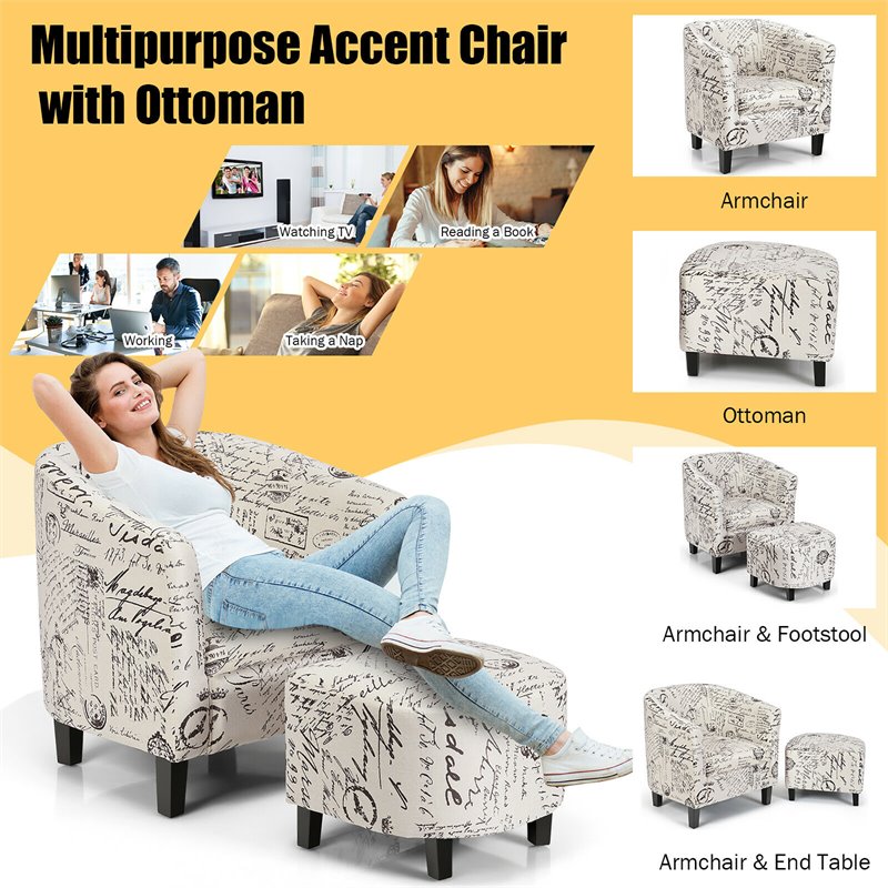 Costway Contemporary Birch Wood & Cotton Accent Chair with Ottoman in Beige