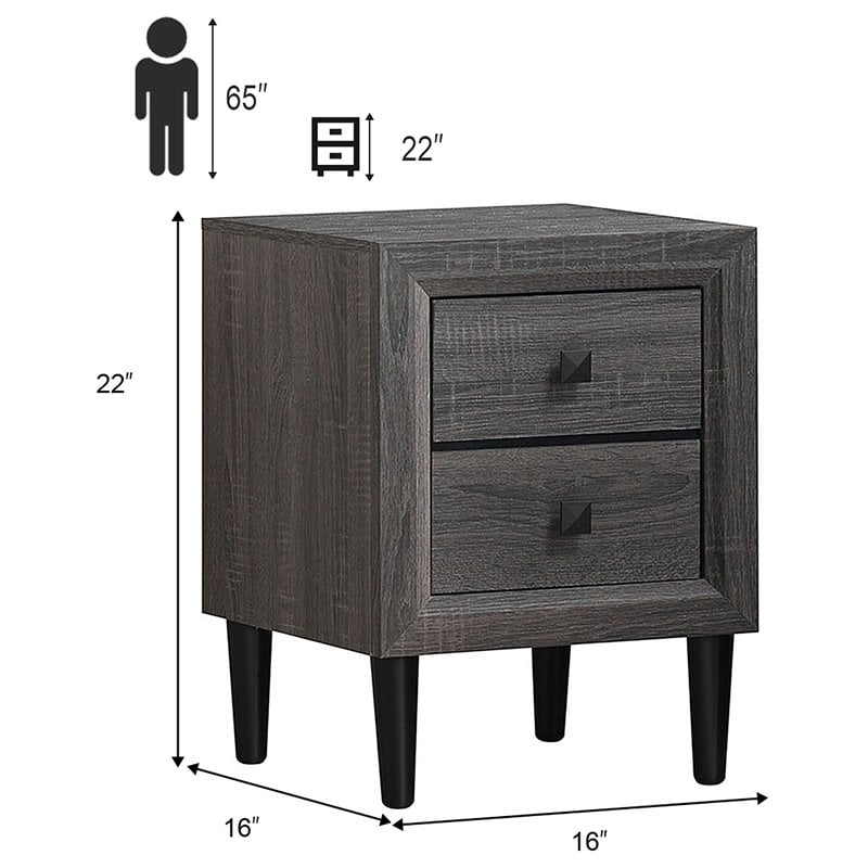 Costway 2-drawer Contemporary MDF & Rubber Wood Multipurpose Nightstand in Gray