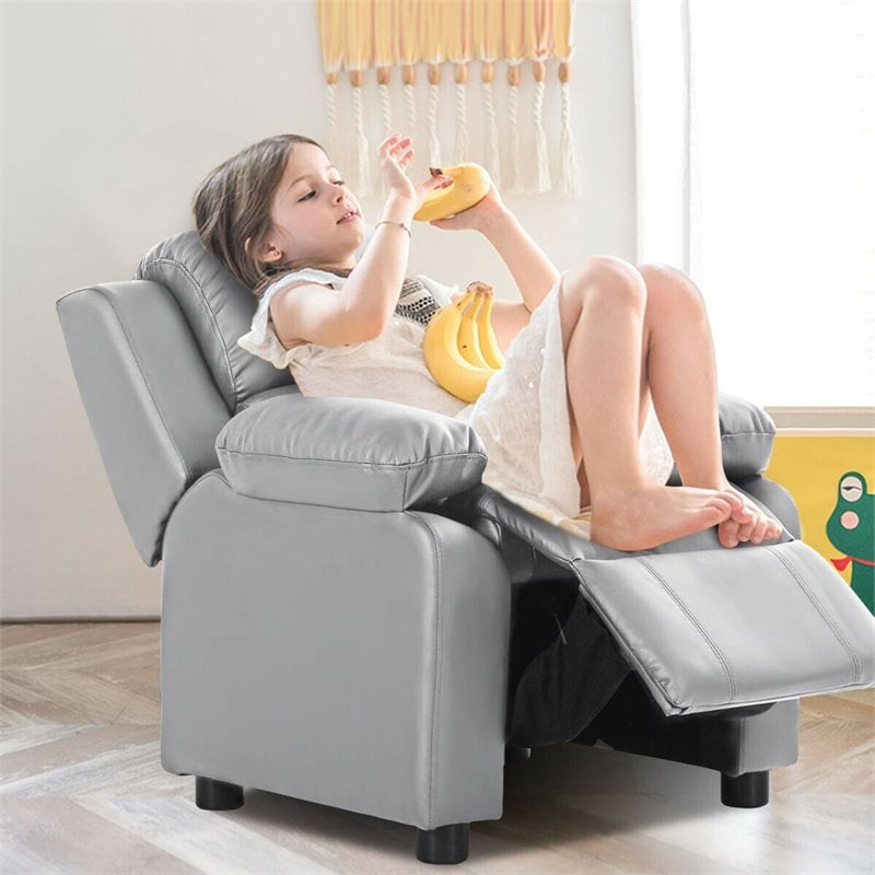 Costway Contemporary Wood PU and Sponge Kids Sofa with Storage Arms in Gray