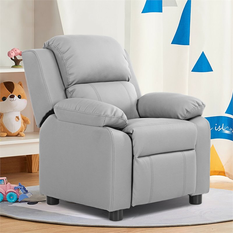 Costway Contemporary Wood PU and Sponge Kids Sofa with Storage Arms in Gray