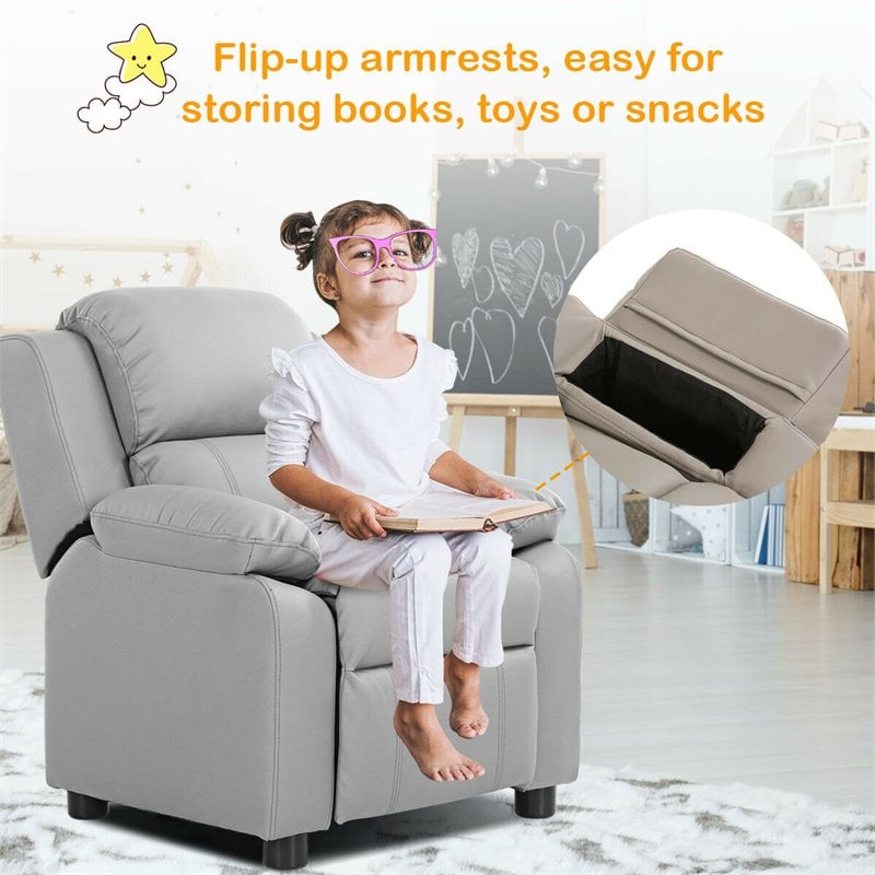 Costway Contemporary Wood PU and Sponge Kids Sofa with Storage Arms in Gray