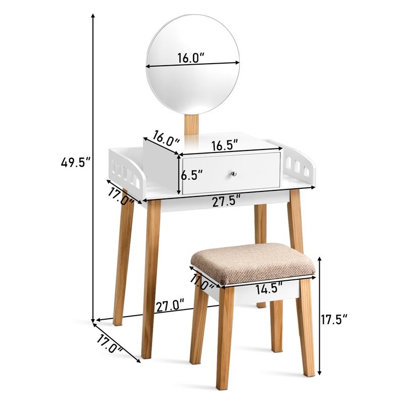 Costway MDF Vanity Makeup Dressing Set with Round Mirror in White/Natural
