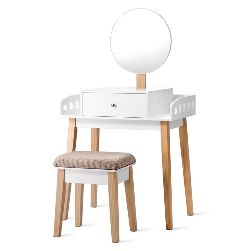Costway MDF Vanity Makeup Dressing Set with Round Mirror in White/Natural