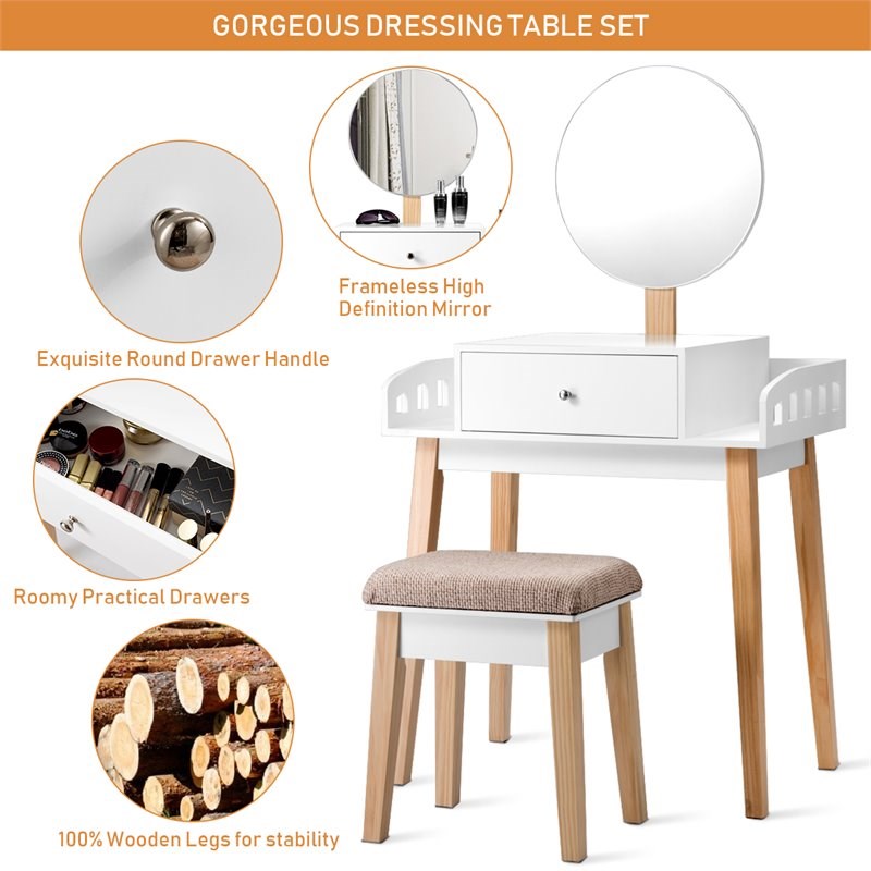 Costway MDF Vanity Makeup Dressing Set with Round Mirror in White/Natural